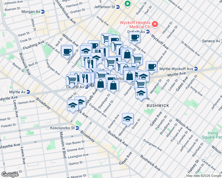 map of restaurants, bars, coffee shops, grocery stores, and more near 1296 Myrtle Avenue in Brooklyn