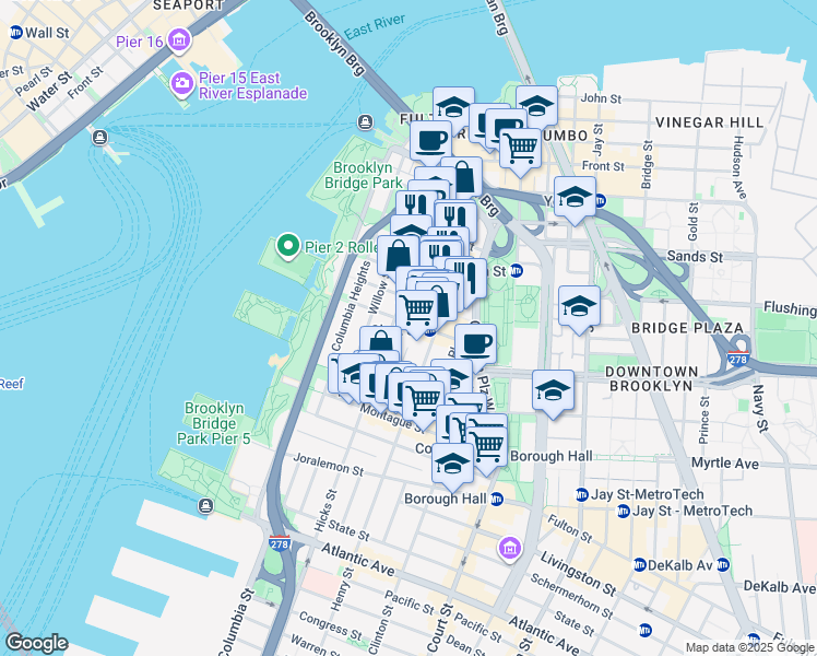 map of restaurants, bars, coffee shops, grocery stores, and more near 54 Clark Street in Brooklyn