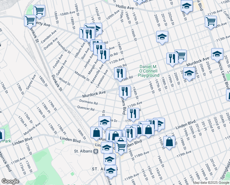 map of restaurants, bars, coffee shops, grocery stores, and more near 11350 Farmers Boulevard in Queens