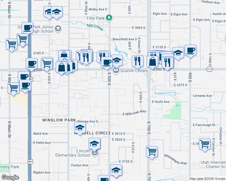 map of restaurants, bars, coffee shops, grocery stores, and more near 516 East Farmer Alumni Drive in South Salt Lake