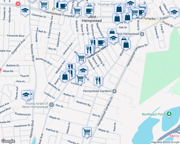 map of restaurants, bars, coffee shops, grocery stores, and more near 373 Plymouth Street in West Hempstead