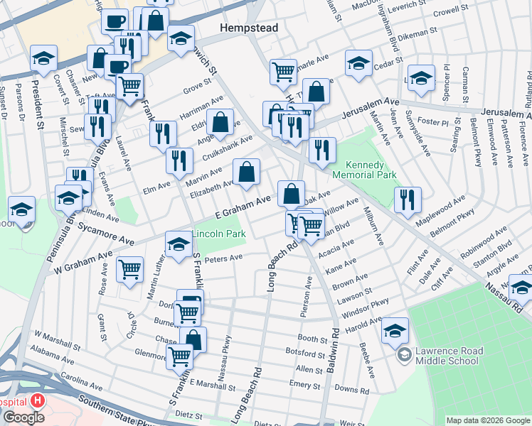 map of restaurants, bars, coffee shops, grocery stores, and more near 100 East Graham Avenue in Hempstead