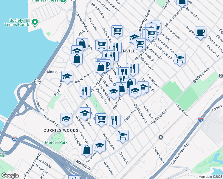 map of restaurants, bars, coffee shops, grocery stores, and more near 199 Linden Avenue in Jersey City