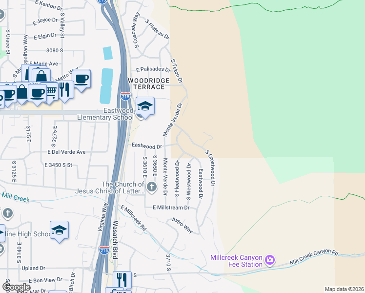 map of restaurants, bars, coffee shops, grocery stores, and more near 3377 South El Rancho Road in Salt Lake City