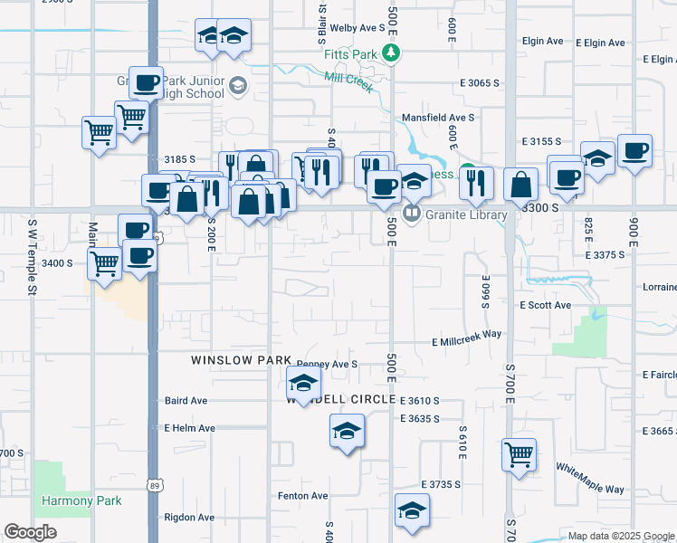 map of restaurants, bars, coffee shops, grocery stores, and more near 441 East 3400 South in South Salt Lake