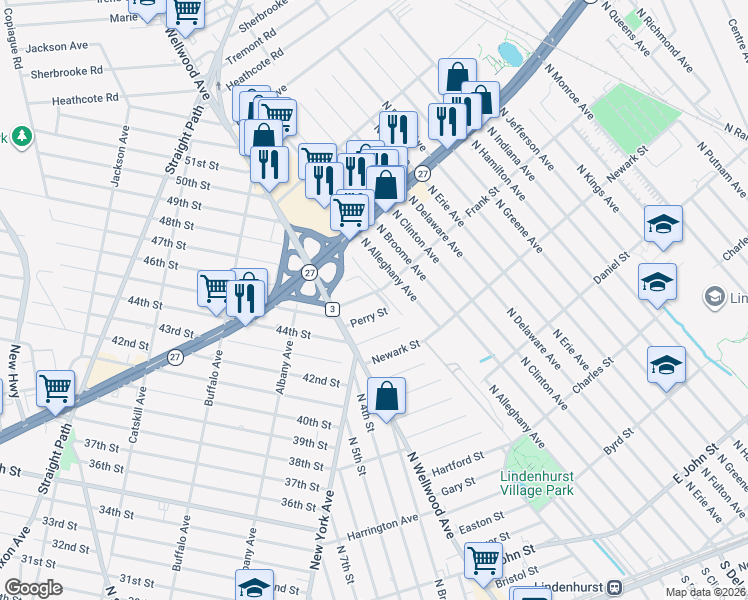 map of restaurants, bars, coffee shops, grocery stores, and more near 26 Bendix Place in Lindenhurst