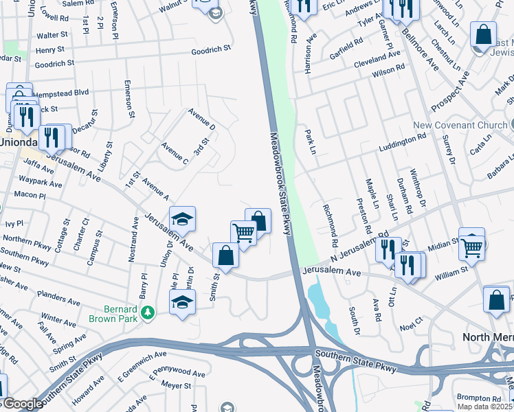 map of restaurants, bars, coffee shops, grocery stores, and more near 569 Mitchell Street in Uniondale