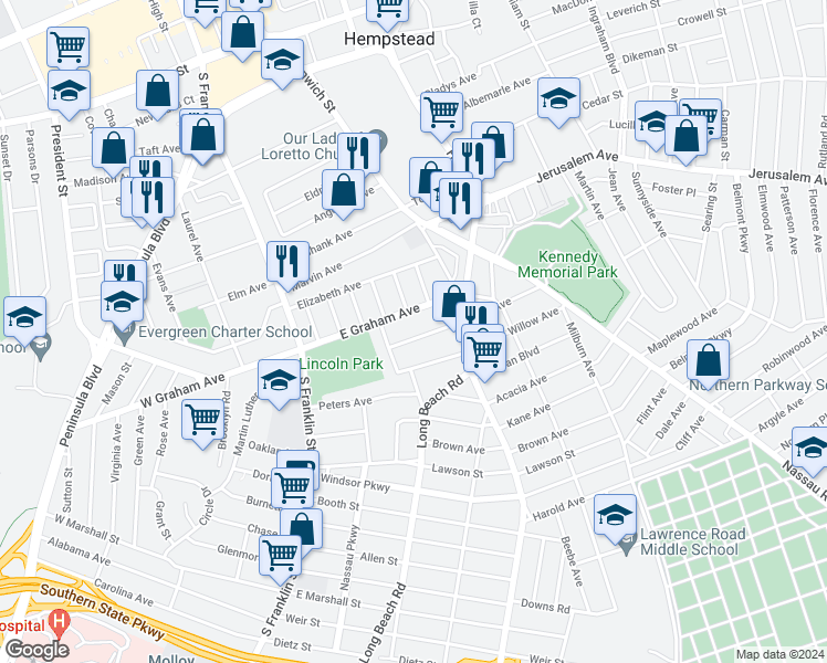 map of restaurants, bars, coffee shops, grocery stores, and more near 100 East Graham Avenue in Hempstead
