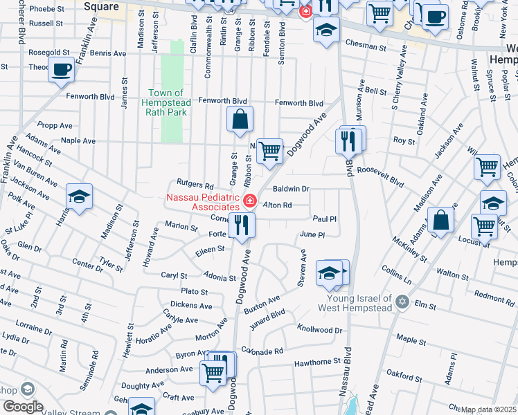 map of restaurants, bars, coffee shops, grocery stores, and more near 360 Dogwood Avenue in Franklin Square