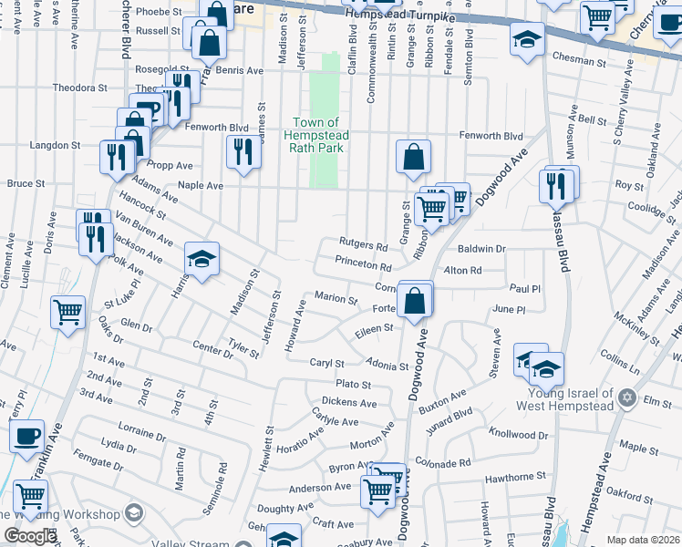 map of restaurants, bars, coffee shops, grocery stores, and more near 823 Princeton Road in Franklin Square