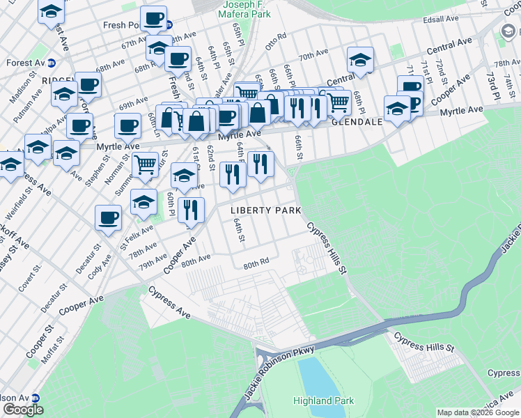 map of restaurants, bars, coffee shops, grocery stores, and more near in Queens