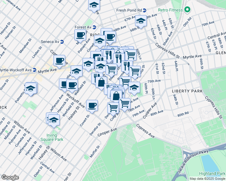 map of restaurants, bars, coffee shops, grocery stores, and more near 17-33 Norman Street in Queens