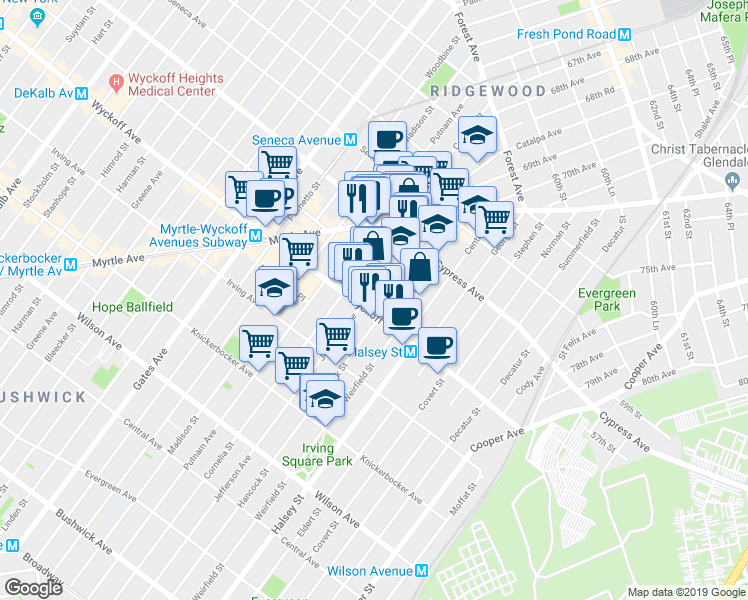map of restaurants, bars, coffee shops, grocery stores, and more near 16-25 Hancock Street in Queens