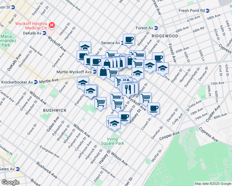 map of restaurants, bars, coffee shops, grocery stores, and more near in Queens