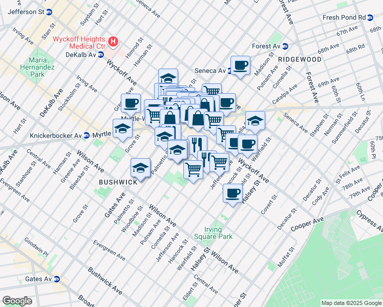 map of restaurants, bars, coffee shops, grocery stores, and more near 404 Woodbine Street in Brooklyn