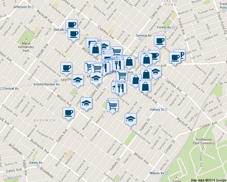map of restaurants, bars, coffee shops, grocery stores, and more near 15 Ridgewood Place in Brooklyn