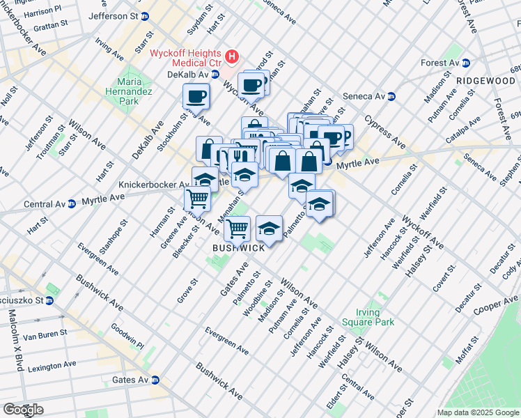 map of restaurants, bars, coffee shops, grocery stores, and more near 288 Grove Street in Brooklyn