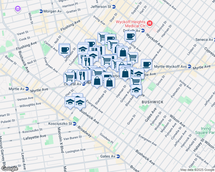 map of restaurants, bars, coffee shops, grocery stores, and more near 1296 Myrtle Avenue in Brooklyn