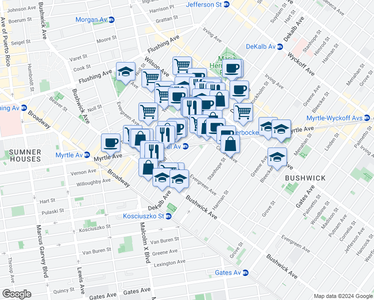 map of restaurants, bars, coffee shops, grocery stores, and more near 611 Hart Street in Brooklyn