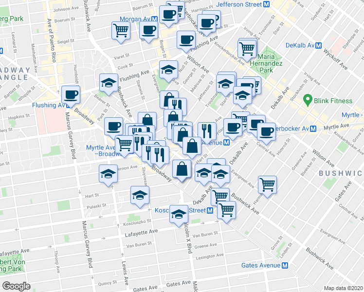 map of restaurants, bars, coffee shops, grocery stores, and more near 42 1/2 Troutman Street in Brooklyn