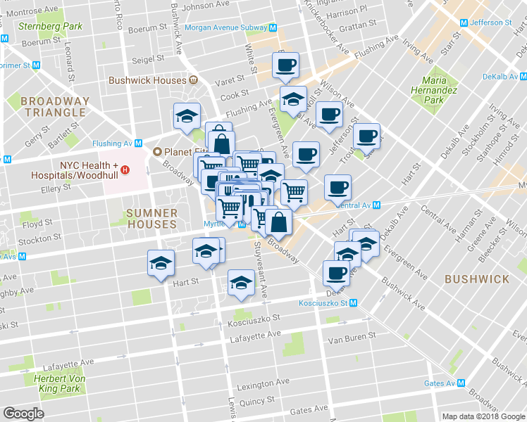 map of restaurants, bars, coffee shops, grocery stores, and more near 34 Melrose Street in Brooklyn
