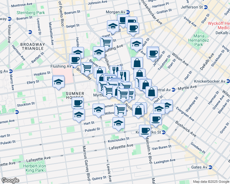 map of restaurants, bars, coffee shops, grocery stores, and more near 34 Melrose Street in Brooklyn