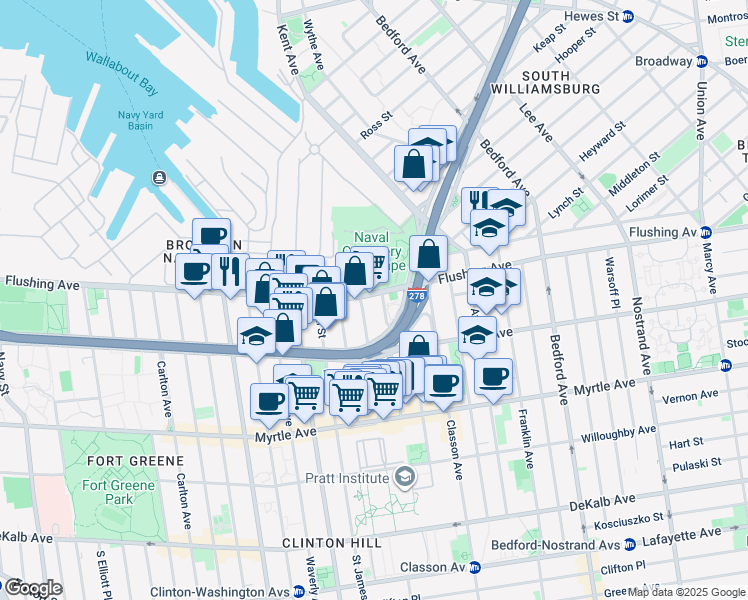 map of restaurants, bars, coffee shops, grocery stores, and more near 80 Myrtle Avenue in Brooklyn