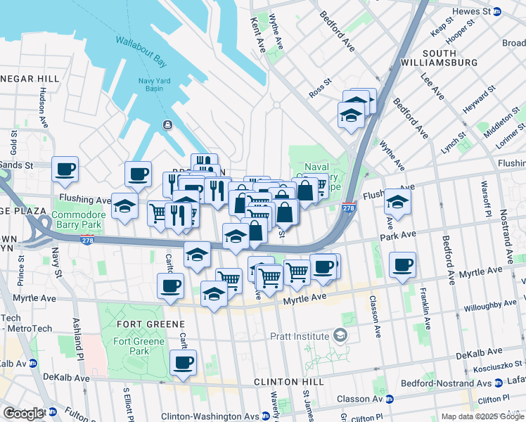 map of restaurants, bars, coffee shops, grocery stores, and more near 15 Washington Avenue in Brooklyn