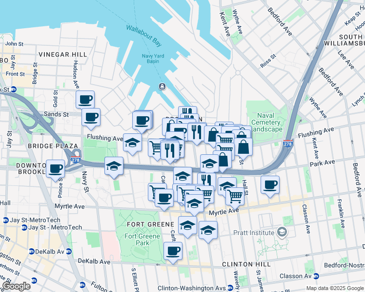 map of restaurants, bars, coffee shops, grocery stores, and more near 141 Flushing Avenue in Brooklyn