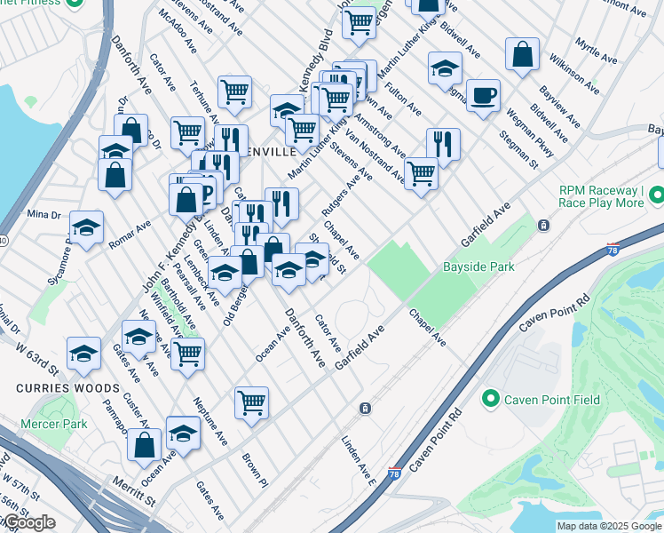 map of restaurants, bars, coffee shops, grocery stores, and more near 33 Sheffield Street in Jersey City