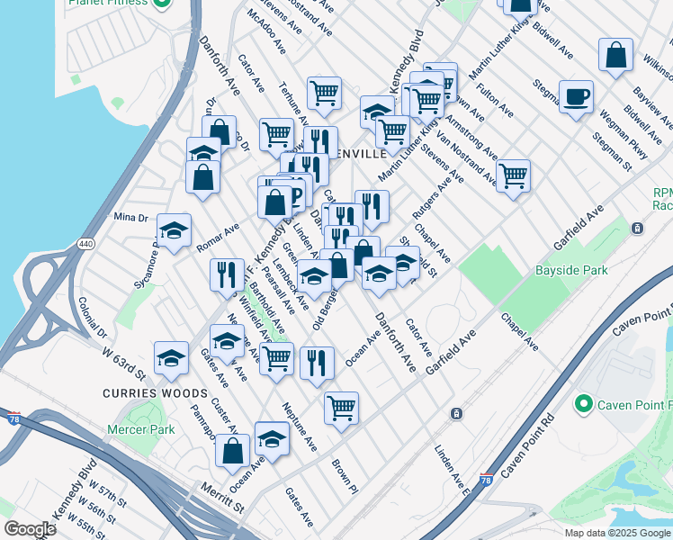 map of restaurants, bars, coffee shops, grocery stores, and more near in Jersey City