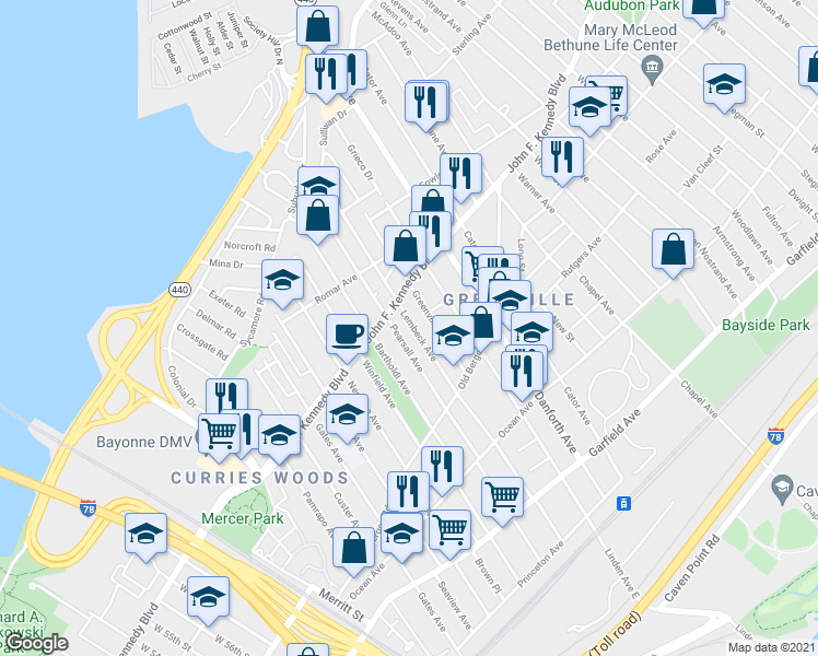 map of restaurants, bars, coffee shops, grocery stores, and more near 65 Greenville Avenue in Jersey City