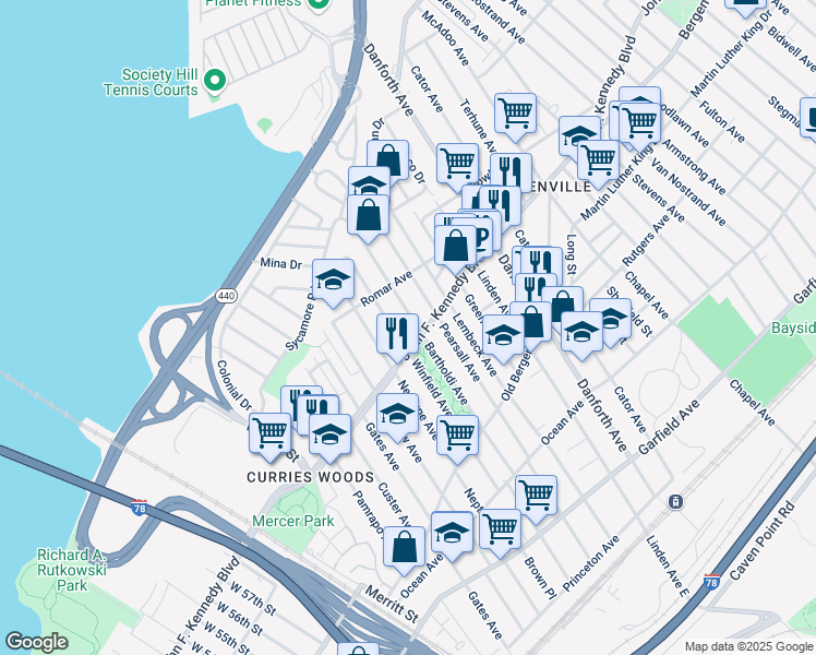 map of restaurants, bars, coffee shops, grocery stores, and more near 274 Winfield Avenue in Jersey City