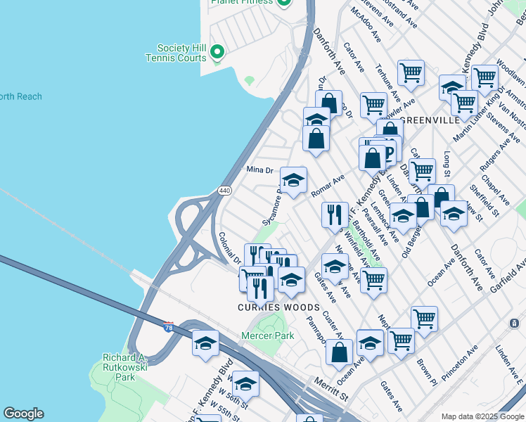 map of restaurants, bars, coffee shops, grocery stores, and more near 19 Exeter Road in Jersey City