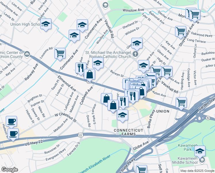 map of restaurants, bars, coffee shops, grocery stores, and more near 2109 Morris Avenue in Union