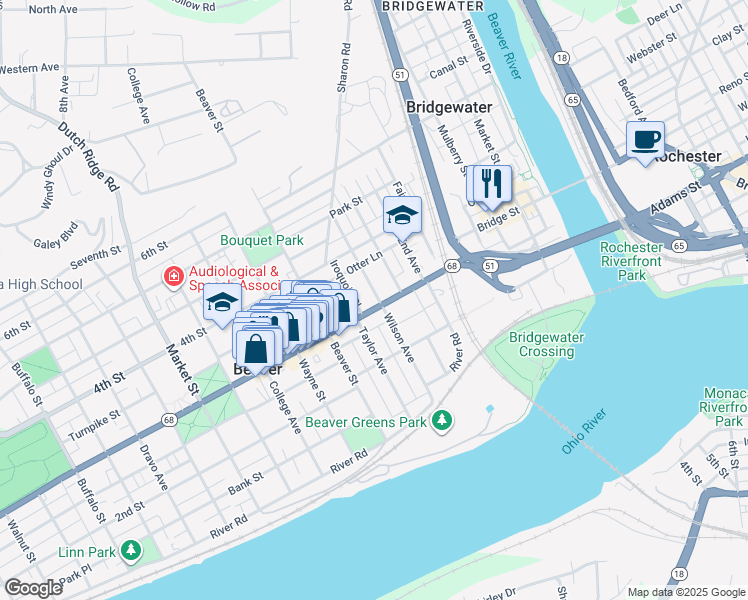 map of restaurants, bars, coffee shops, grocery stores, and more near 320 Wilson Avenue in Beaver