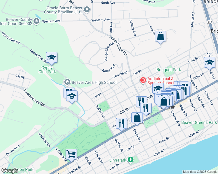 map of restaurants, bars, coffee shops, grocery stores, and more near 980 6th Street in Beaver