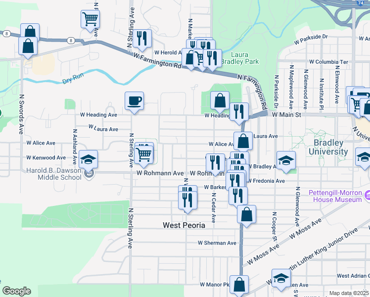map of restaurants, bars, coffee shops, grocery stores, and more near 2209 West Alice Avenue in West Peoria