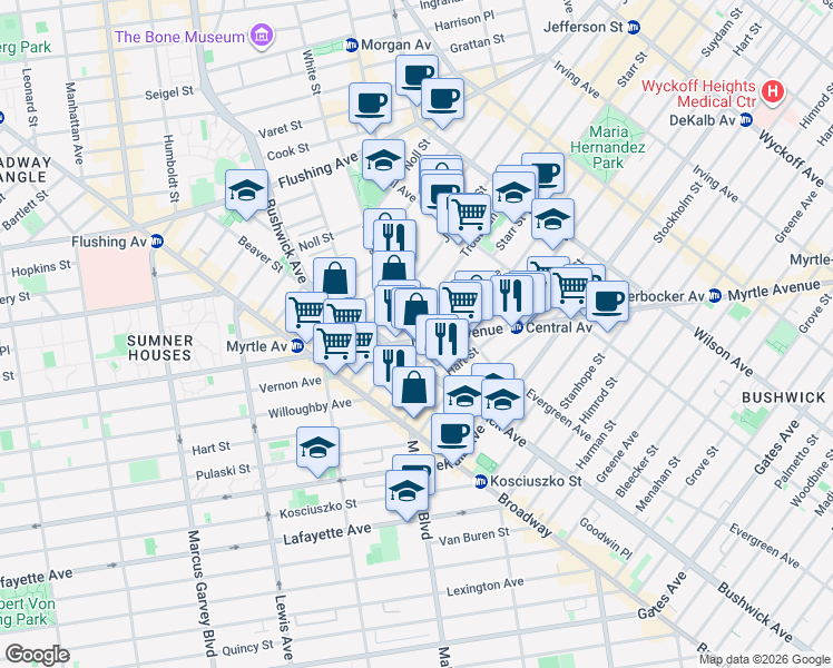 map of restaurants, bars, coffee shops, grocery stores, and more near 963 Willoughby Avenue in Brooklyn
