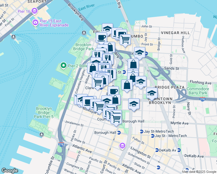 map of restaurants, bars, coffee shops, grocery stores, and more near 93 Pineapple Walk in Brooklyn