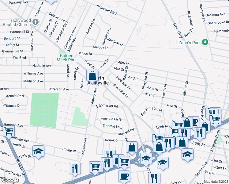 map of restaurants, bars, coffee shops, grocery stores, and more near 27 Silverpine Drive in Amityville