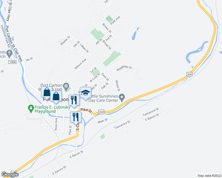 map of restaurants, bars, coffee shops, grocery stores, and more near Rock Street in Port Carbon