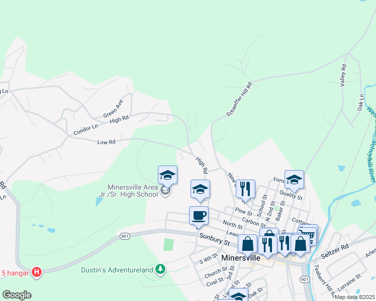 map of restaurants, bars, coffee shops, grocery stores, and more near 335 High Road in Pottsville