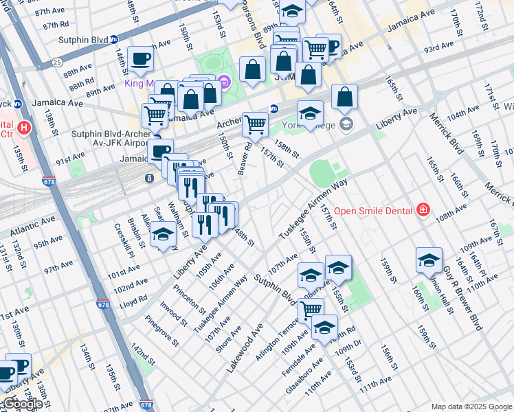 map of restaurants, bars, coffee shops, grocery stores, and more near 150-28 Liberty Avenue in Queens