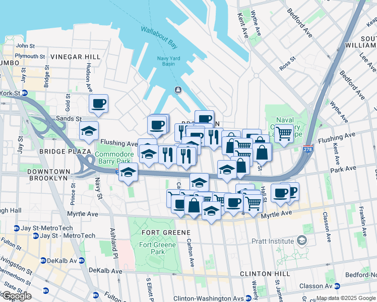 map of restaurants, bars, coffee shops, grocery stores, and more near 7 Adelphi Street in Brooklyn