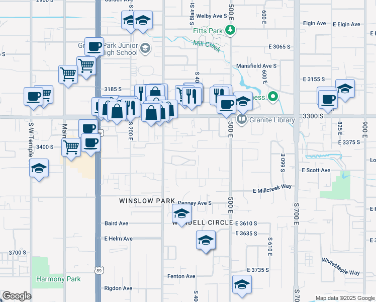 map of restaurants, bars, coffee shops, grocery stores, and more near 373 East Newsome Park Lane in South Salt Lake