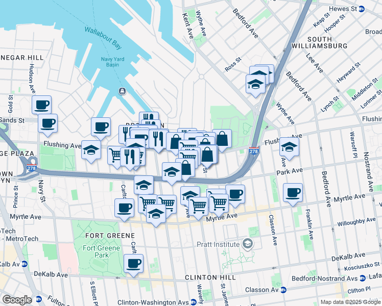 map of restaurants, bars, coffee shops, grocery stores, and more near 25 Washington Avenue in Brooklyn