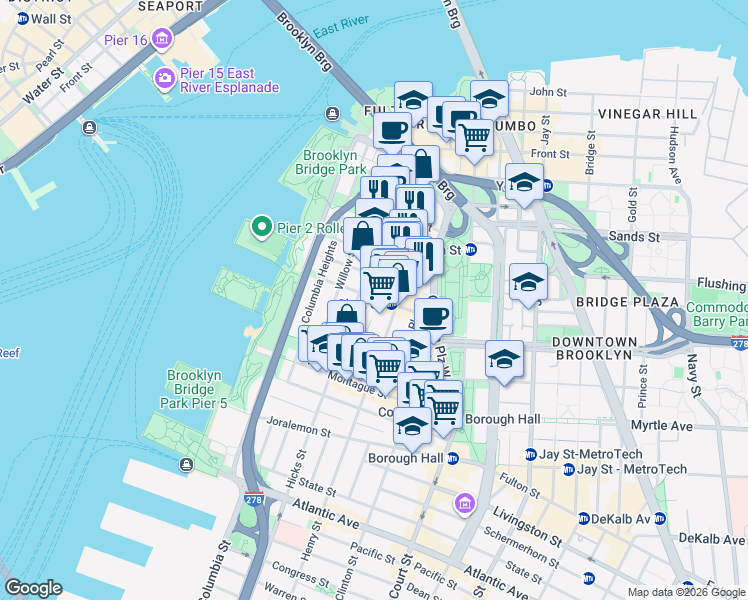 map of restaurants, bars, coffee shops, grocery stores, and more near 52 Clark Street in Brooklyn