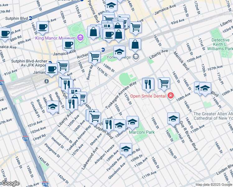 map of restaurants, bars, coffee shops, grocery stores, and more near 156-07 Tuskegee Airmen Way in Queens
