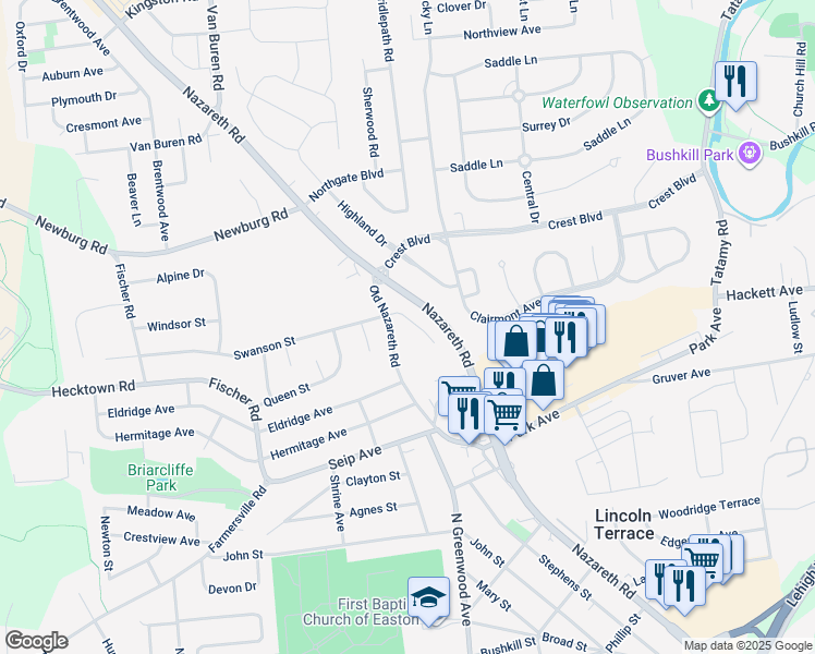 map of restaurants, bars, coffee shops, grocery stores, and more near 2524 Swanson Street in Easton